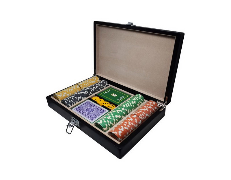 452 Ξύλινη κασετίνα με 200 μάρκες καζίνο Poker dice 11,5gr & 2 τράπουλες χάρτινες Dal Negro - Image 1